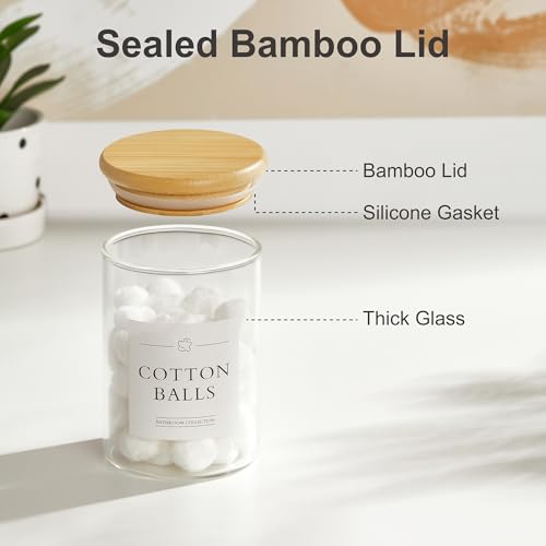 INIUNIK 2 Pack Qtip Holder Dispenser - Glass Apothecary Jars with Lids, Cotton Ball Pad Swab Round Holder, Bamboo Bathroom...