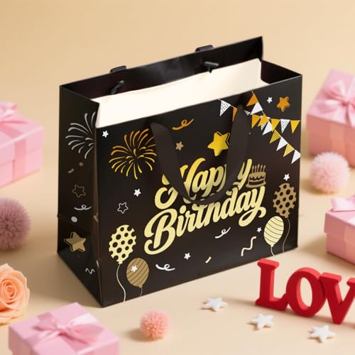 13” Black Birthday Gift Bag with Tissue Paper and Greeting Card, Happy Birthday Gift Bags for Party, Hot Foil Stamping Des...