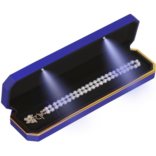 Luxury LED Necklace Long Chain Gift Box with LED Light, Velvet Jewelry Box Storage Case Organizer Holder (Blue)