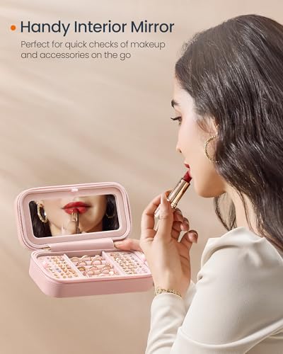 SONGMICS HOME Travel Jewelry Case, Travel Jewelry Box Organizer with Mirror, 4.1 x 8 x 2.4 Inches, Stitching, Portable, Gi...