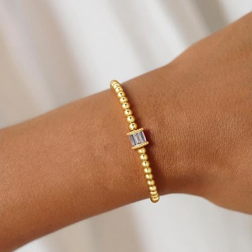 M MOOHAM Mothers Day Gifts - Birthstone Gold Beaded Bracelets for Women, Dainty Elastic 14k Real Gold Plated Beaded Bracel...