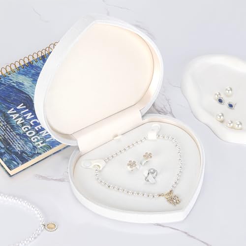 LETURE Large Jewelry Set Gift Box, Heart-Shaped Velvet Necklace Ring Earring Pearl Storage Organizer Holder Box (WHITE)