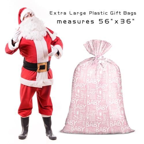 Loveinside Pink Jumbo Large Plastic Gift Bag, Baby Girl Design Plastic Bag with Tag and Tie for Birthday, Baby Shower and ...