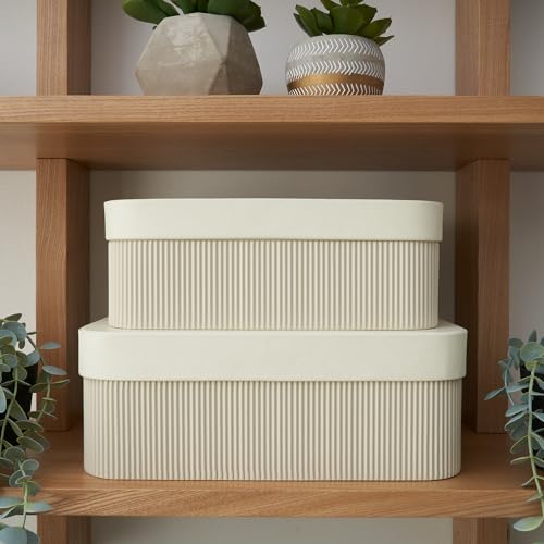 Decorative Storage Boxes with Lids – Set of 2 Beautiful Fluted Cardboard Organizer Bins for Your Home Bookshelf Decor to S...