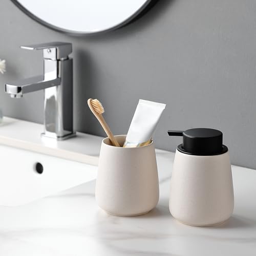 Beige Toothbrush Holder for Bathroom - Ceramic Tooth Brushing Holders, Toothbrush Cup, Toothpaste Organizer for Bathroom C...