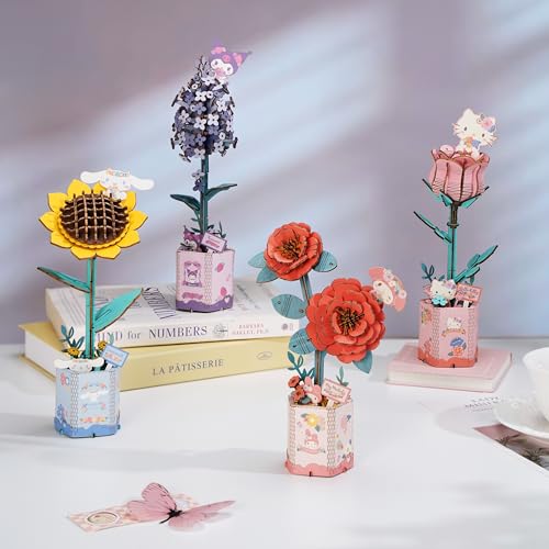 Hands Craft Hello Kitty and Friends Pink Rose 3D Wooden Puzzle Kit | DIY Flower Model | Arts & Crafts for Adults & Kids | ...