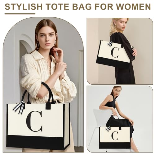 GENGBIN Personalized Canvas Tote Bag for Women Makeup Pouch Initial Beach Bag Removable Bottom Board for Travel Birthday