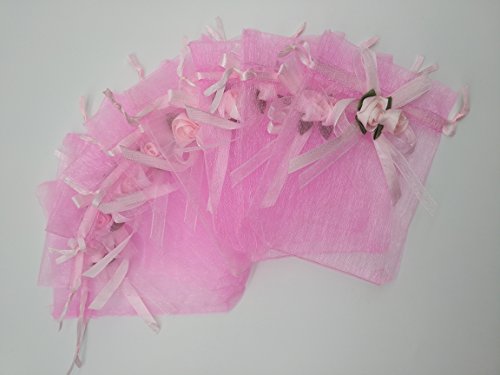 Ankirol 50pcs Sheer Organza Favor Bags For Wedding 3.8x4.8'' Gift Bags Samples Display Drawstring Rose Pouches (pink)