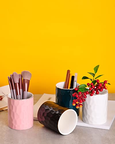 WHJY Ceramic White Pencil Cup, Makeup brushes Holder, Gold Pen Holder for Desk Cute Small Boho Brush Holder, Modern Geomet...