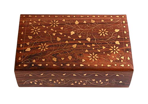 Ajuny Hand Carved Wooden Decorative Jewelry Storage Box with Floral Carvings Design Brass Inlay Keepsake Travel Treasure C...