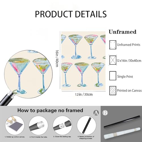 Trendy Cocktail Art Print Martini Glasses Wall Art Modern Bar Cart Decor Preppy Aesthetic Canvas Prints Modern Watercolor ...