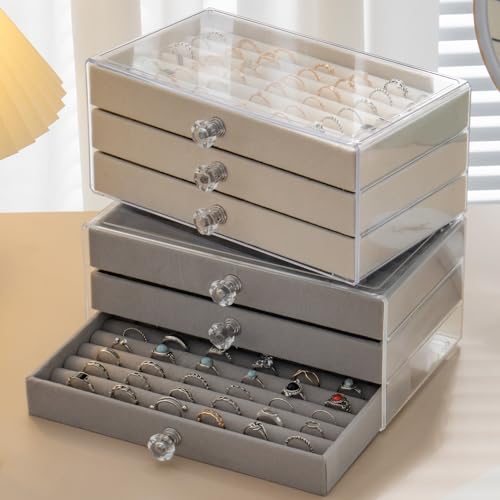 SPAKOWN Ring Box Display Holder, Clear Velvet Jewelry Storage Tray Organizer for Ring Stud Earring (Beige - 3 Drawers)