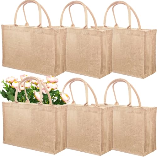LyyGuanYoo 6 Pack Jute Tote Bag Reusable, Burlap Beach Bags with Sturdy Rounded Handles, Sturdy Base Gym Shopping Travel B...