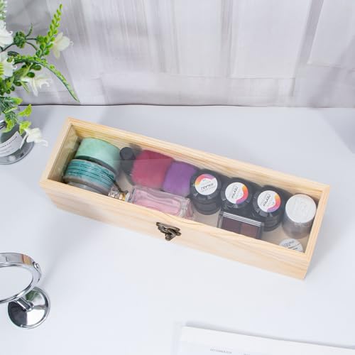 Useekoo Unfinished Wooden Box with Hinged Glass Lid, 11.8" x 3.3" x 3.2" Wood Wine Box, Decorative Keepsake Box for Gift, ...