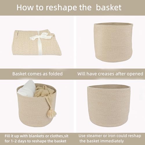 XUANGUO Cotton Rope Basket For Girls Boys Kids 16”X14” Baby Laundry Basket Nursery Bin Round Woven Baskets Organizer For S...