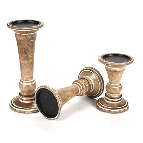 Hand Crafted Decorative Wooden Pillar Candle Holder Stand Siren Shape, Rounded Turned Colums, Country Style Ideal for Gif...