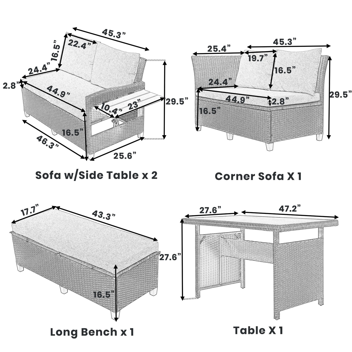 TOMAX 5-Piece Outdoor Patio Rattan Sofa Set, Sectional PE Wicker L-Shaped Garden Furniture Set With 2 Extendable Side Tables, Dining Table And Washable Covers For Backyard, Poolside, Indoor, White