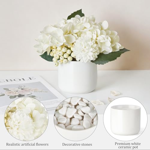 Dahey Hydrangea Artificial Flowers in Small Ceramic Vase, Fake Flower Floral Arrangements for Living Room Bathroom Dining ...