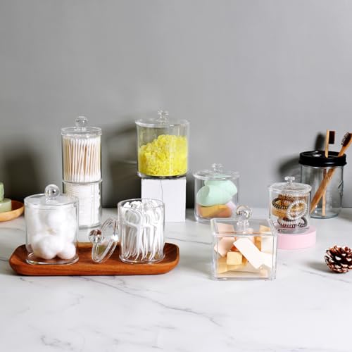 SheeChung 2-Pack Modern Square Acrylic Qtip Holder - Clear Apothecary Jars with Lids - Bathroom Vanity Storage Canister - ...