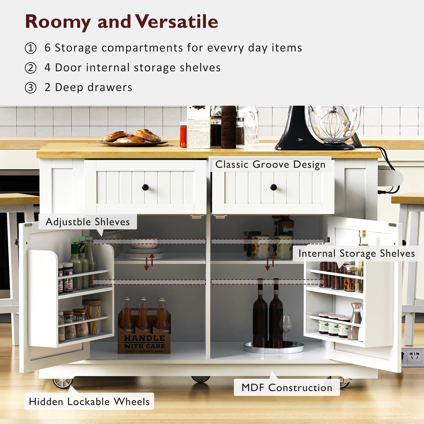 48inch Kitchen Island With 2 Bar Stools, Power Outlet, Door Internal Storage Rack, Kitchen Storage Cart On 5 Wheels With Drop Leaf, 5 Side Racks, 2 Drawers,White Old SKU N707S000015W Three Packages