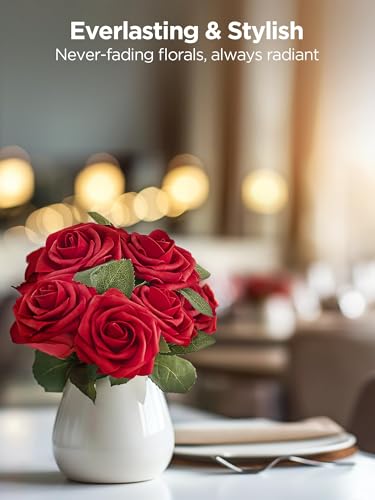 InnoGear Artificial Flowers, 50 Pcs Dark Red Foam Fake Roses Bulk with Stems for Mother's Gift Decoration Celebration DIY ...