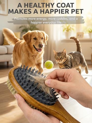 TAKAVU Short Hair Dog & Cat Deshedding Brush - Double Sided Grooming Tool with Silicone Massage & Bristle Sides - Removes ...
