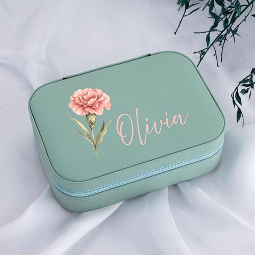 Custom Leather Jewelry Box with Name & Birth Flower Month, Birthday Gifts for Women, Personalized Jewelry Travel Case - Cu...