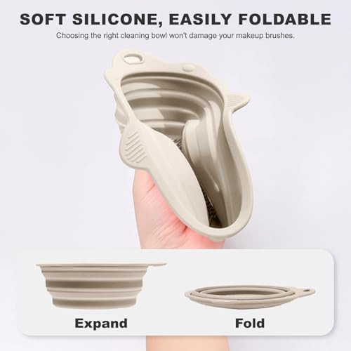 Silicone Makeup Brush Cleaner Bowl-Foldable Brush Cleaning Pad,Portable Cosmetic Brushes Washing Tool Travel,Apricot Gray