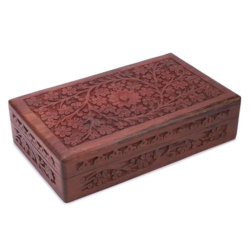 Ajuny Wooden Handcarved Decorative Jewelry Storage Box Flower Design Multipurpose Treasure Chest Keepsake Organizer Neckla...
