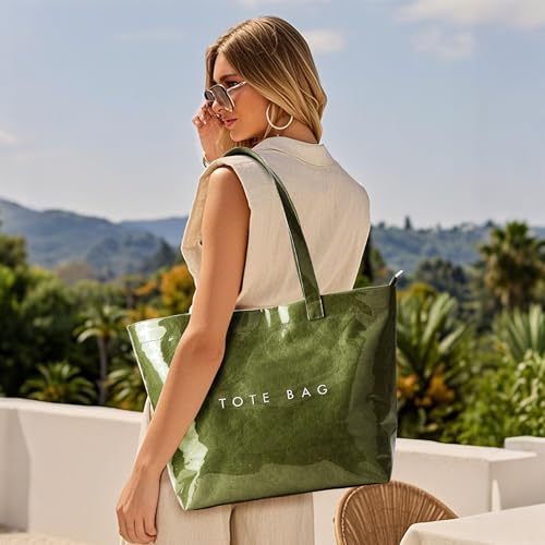 KALIDI PVC Zipper Tote Bag, Jelly Kraft Paper Beach Bag Large Hobo Carry All Travel Shopping Handbag Plastic Shoulder Bag