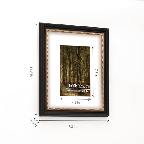 WYNCO 8x10 in Black Wooden Decorative Picture Frame, Ornate Gold Beaded Inner, Matted for 5x7 Photo, Tabletop or Wall Moun...