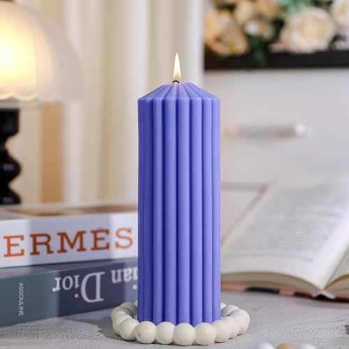 Purple Ribbed Pillar Candles Set of 3 - Lavender Scented Soy Wax Candles for Stress Relief & Sleep,Aesthetic Textured Deco...