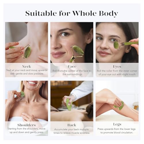 Jade Roller Gua Sha Facial Tools & Scraping Skin Care Tools Kit, Self Care Gift for Men Women (Green)