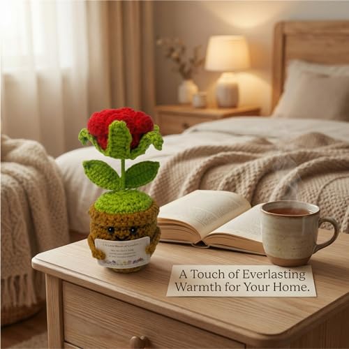 Xulvrax June Birth Flower Rose Crochet Potted Plant Gift, Handmade Style with Wooden Base, Romantic Birthday Desk Decor, f...