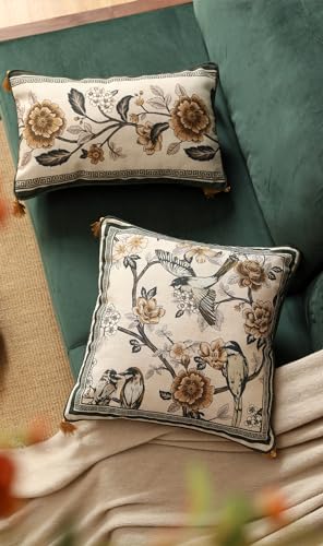 ISAENNE Design Linen Chinoiserie Square Throw Pillow Covers 18"x18", Farmhouse Cushion Covers with Yellow Floral Birds Pat...