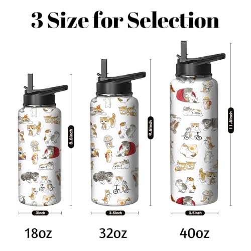 32oz Cat Water Bottle with Handle and Flip Straw, Pixel Sports Stainless Steel Insulated Cup Travel Coffee Mug Tumbler, Bi...