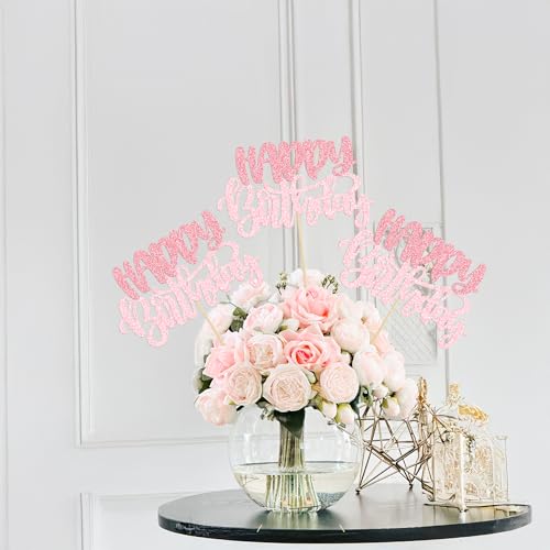Gyufise 12Pcs Happy Birthday Centerpieces Sticks Double Sided Glitter Birthday Party Decorations Anniversary Table Flower ...