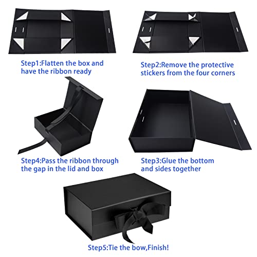 RUIFYRAY Black Luxury Magnetic Gift Box with Lid, Ribbons and Gift Bag, Medium Size-9.4x7x3 Inches, Great for Christmas, N...