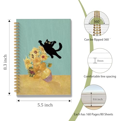 ROXMART Abstract Sunflower Black Cat Spiral Notebook, Cats Lover Gifts Journal, Black Cat Gifts for Women, Whimsical Flora...