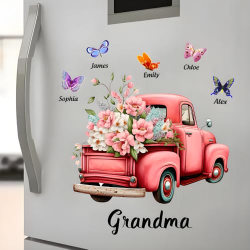 Grandma Pink Floral Truck Butterfly Sticker, Grandma Floral Butterfly Fridge Decal with Grandkids Names, Colorful Butterfl...
