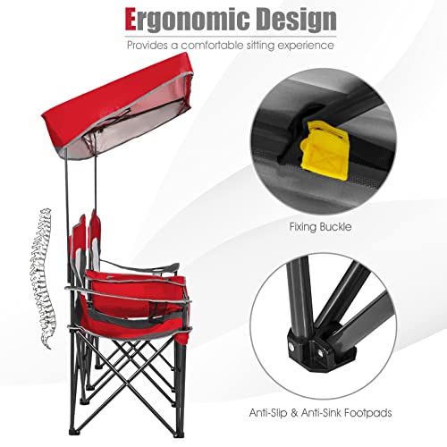 S AFSTAR Double Camping Chair w/Shade Canopy, 2-Person Folding Camp and Beach Chair with Mini Table Beverage Cup Holder Ca...