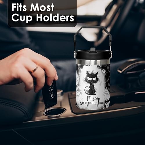 mvhsuoem 30 oz Cat Black Flip Straw Tumbler with Top Handle for Cat Black Lover Resuable Vacuum Insulated Flip Top Water b...