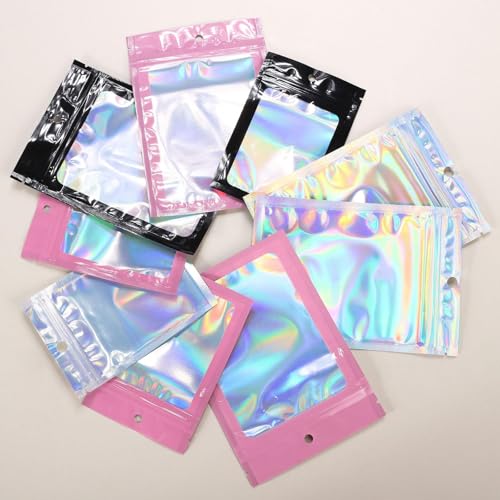 100Pcs 3x4.7 Inch Pink Holographic Bags | Resealable Mylar Pouches for Packaging, Jewelry Storage, Gummies, Cookies & Part...