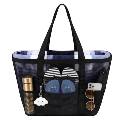 Fomaris Mesh Beach Bag - Large Beach Tote with Zipper Pocket, Toys Pool Bag for Family Travel Vacation Cruise Essentials