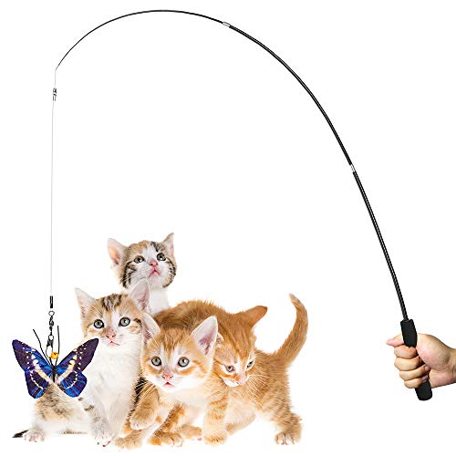 AWOOF Butterfly Cat Wand Cat Toys Set, Realistic Crinkle Catnip Butterflies Kitten Toys with Retractable Interactive Cat W...