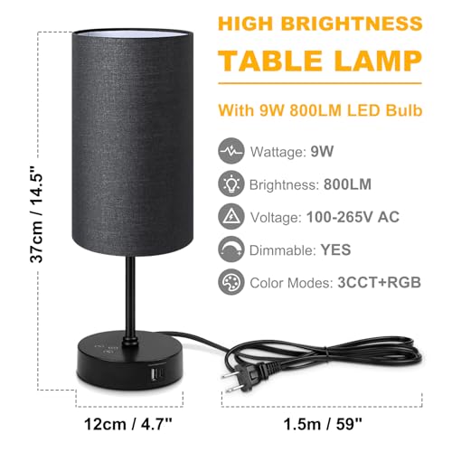 Unicozin Table Lamp for Bedroom, 3 Color Temperatures, 7 RGB Colors, Adjustable Brightness, Dual USB Charging Ports, Ambie...