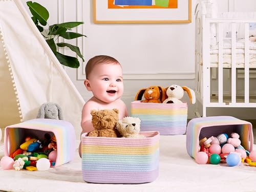 ENAORGAN Set of 4 Rainbow Rope Basket for Shelves Woven Rectangle Storage Basket Bins for Nursery Toy Storage for Baby Girl