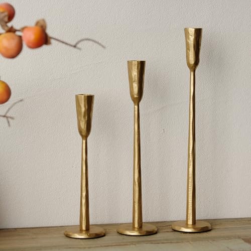 Ganwu Gold Iron Taper Candle Holder Set of 3, Heavy Wrought Iron Candlestick Holders Decorative Candle Stand, Vintage Cand...
