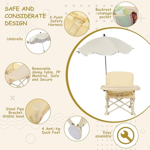 Mifoci Baby Outdoor Beach Chair with Umbrella Kids Travel Folding Seat with Tray Compact Portable Chair with Storage Bag, ...