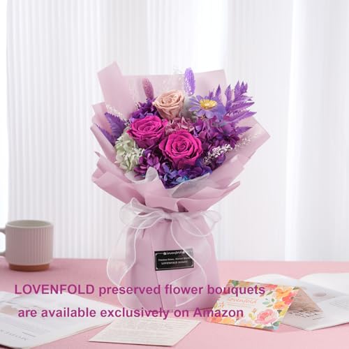 lovenfold Preserved Flowers for Delivery, Purple Rose Bouquets That Last 1-3 Years, Birthday Flowers Gifts for Women Mom G...